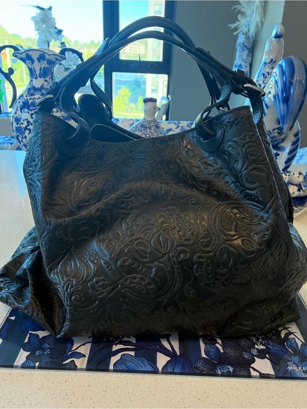 Oversized, embossed, Italian, black leather handbag